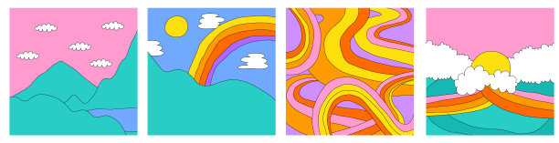 1970年的迷幻广场社交媒体模板。沟风景海报。可编辑的分层框架的照片和文字。嬉皮自然-云，彩虹，山。y2k背景。90年代的审美图片下载