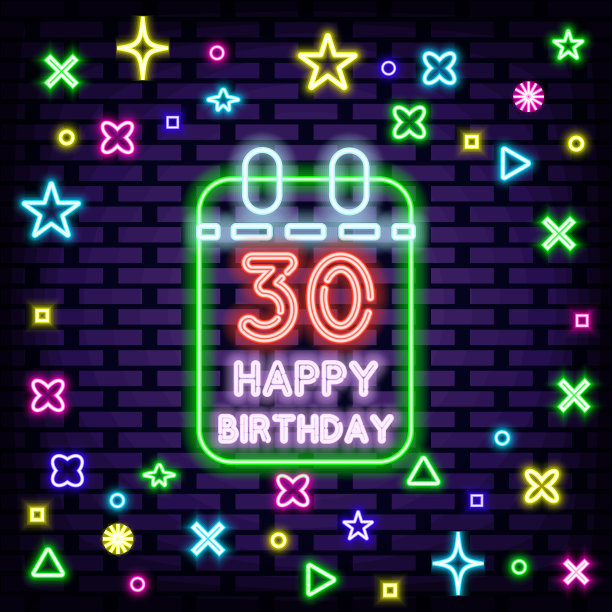30岁生日快乐30岁霓虹灯招牌。砖墙背景。光的旗帜。图片下载