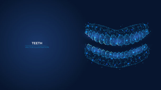 未来的抽象符号的上和下排牙齿。线框牙科诊所概念。低聚几何三维壁纸背景矢量插图。图片下载