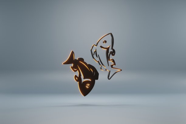 美丽的黑色星座双鱼座，蓝色背景上的黄色光符号图标。3 d渲染插图。设计的背景图案。图片下载