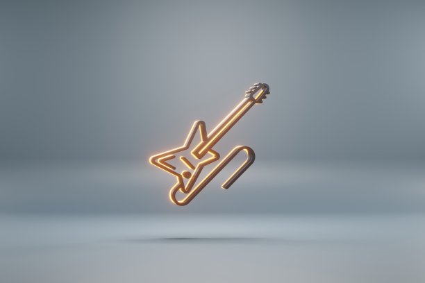 美丽的黑色电吉他电缆与黄色的灯符号图标在蓝色的背景。3 d渲染插图。设计的背景图案。图片下载