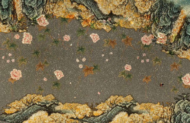 3d经典的艺术壁画壁纸与黑暗的背景。花的树枝，画彩色的山，和风景的墙壁装饰。图片下载