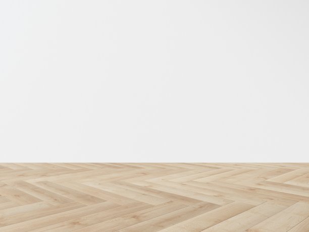 空房间内部。木质拼花地板和白色平墙的景观。展示你的产品的模板。3 d演示。图片下载