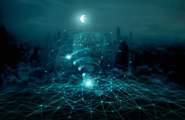 全球电信网络连接摘要。无线通信。深蓝色城市景观背景下的网络技术和互联网网络现代化。3 d渲染。图片下载