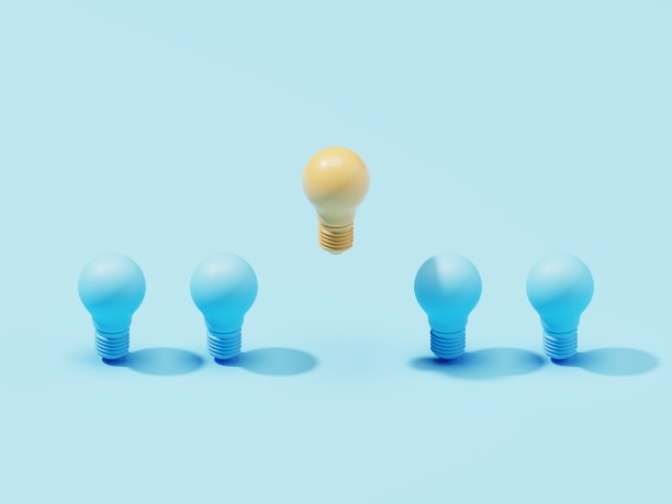一排蓝色的灯泡模型，不同颜色的一个在其他的上方盘旋。3 d演示。创意、想法和创新理念。图片下载