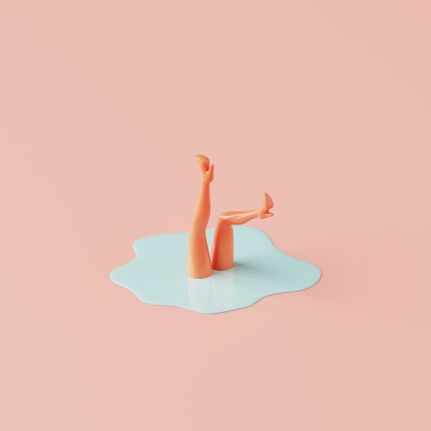 女性的腿与鞋伸出小青色水坑在粉红色的背景。柔和的颜色。3 d演示。图片下载