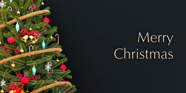 圣诞树上有黑色背景的小玩意，有圣诞快乐的文字图片下载