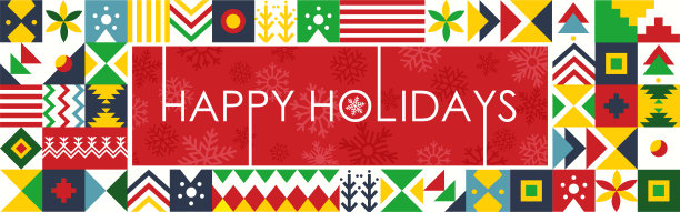 节日快乐网页横幅与抽象复古风格现代设计背景。圣诞寒假文字书法和红绿白几何形状和雪花图标。图片下载