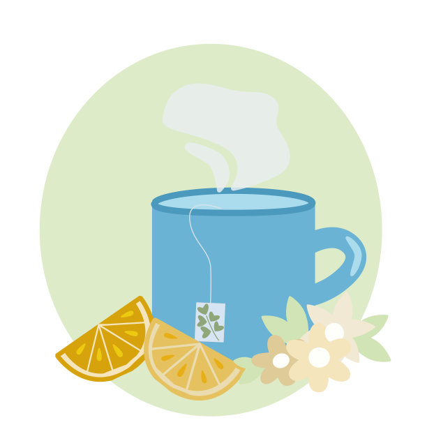 一杯有茉莉花、叶子和柠檬片的香茶图片下载