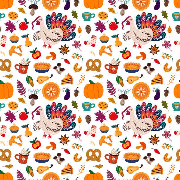 感恩节与火鸡和秋天的食物。矢量图图片下载