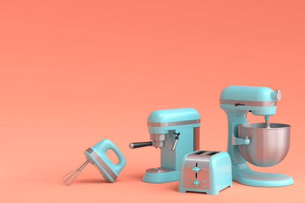 咖啡机，手搅拌机，水壶和烤面包机在珊瑚背景。图片下载