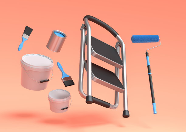 一套罐或桶与油漆辊，刷子和折叠梯子在橙色图片下载