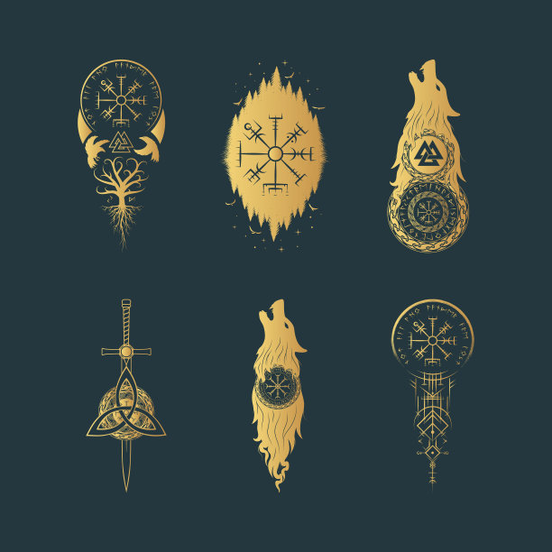 维京符号孤立集。金色收集凯特标志vegvisir, Fenrir，乌鸦，yggdrasil, valknut, aegishjalmur, triquetra和剑在黑色背景上。斯堪的纳维亚矢量插图。图片下载