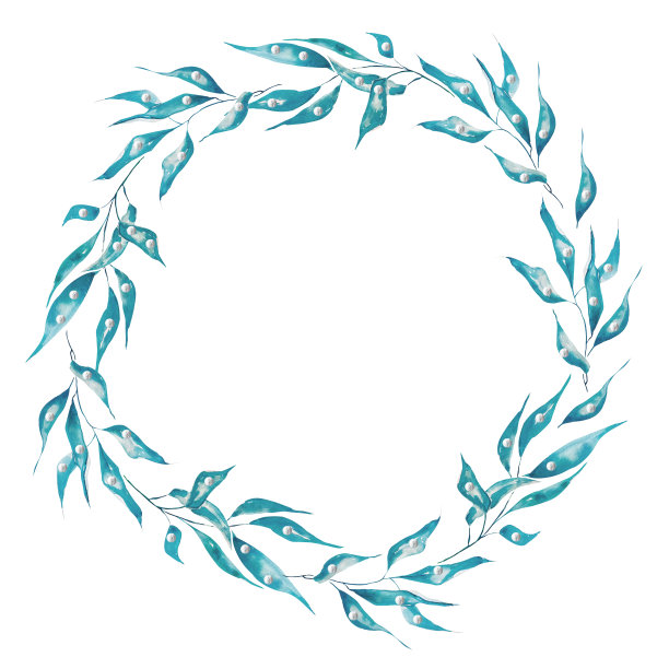 花环的槲寄生枝蓝叶水彩画图片下载