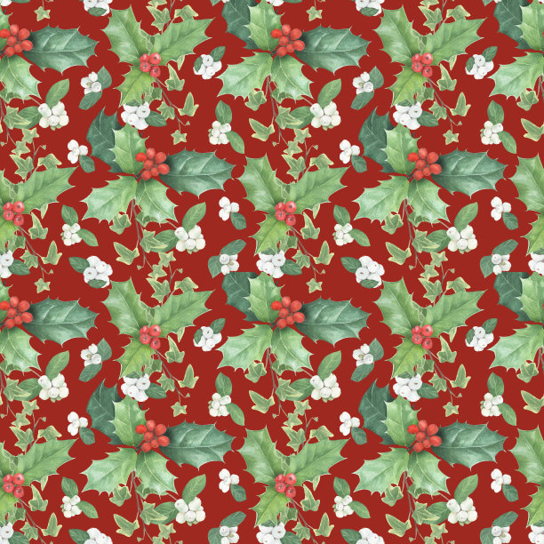 无缝图案的圣诞元素画在水彩。冬青与浆果，圣诞装饰的彩色背景。图片下载