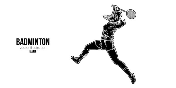 抽象轮廓的羽毛球运动员在白色背景。女羽毛球运动员在打羽毛球。矢量图图片下载