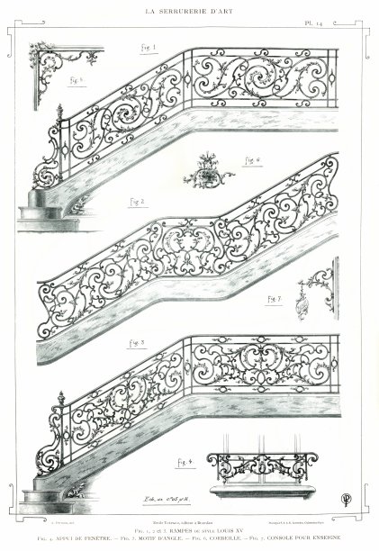 楼梯栏杆，路易十五风格，窗台，角落设计，篮子和支架标识(7种设计)，1890年Ironwork Art。图片下载