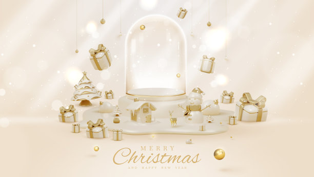 奢华风格的背景与3d逼真的圣诞饰品和玻璃瓶和产品展示平台与雪元素和闪闪发光的光效果装饰和散景。矢量插图。图片下载