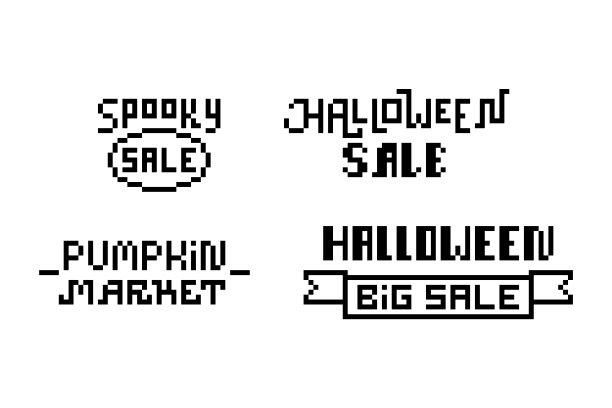 一套4黑色复古80 -90年代风格8位像素艺术字体万圣节销售，南瓜市场文字横幅孤立在白色背景。秋季假期优惠优惠券贴纸。季节性购物传单图片下载