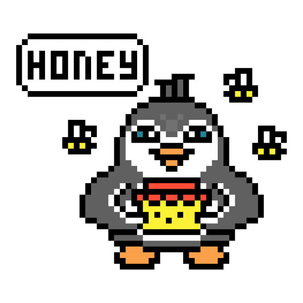 企鹅养蜂人与蜂蜜罐和飞行的蜜蜂，像素艺术动物人物孤立在白色背景。老派复古八九十年代8位老虎机，电脑，视频游戏图形。卡通吉祥物。图片下载
