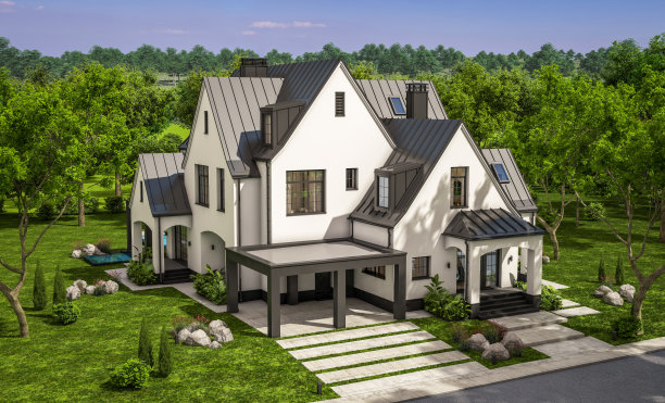 3d渲染的黑白现代都铎式住宅图片下载