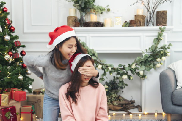 两个女人姐弟用手装饰圣诞树红球、小玩意、雪花。双手捧着红球装饰。亚洲女性朋友装饰小玩意球圣诞树圣诞假期图片下载