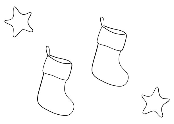 装饰圣诞袜子。圣诞星。涂鸦插图。简单幼稚的风格。大纲。图片下载