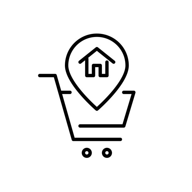 网上购物与家庭地址送货。购物车中的地图指针。像素完美，可编辑的笔画图标图片下载