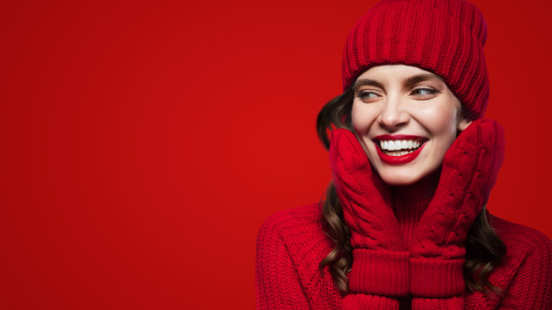横幅上的女人戴着圣诞手套望向远方，在复制空间红色的背景触摸脸图片下载