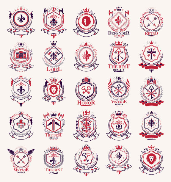 纹章的武器矢量大集，古董纹章徽章和奖项集合，符号在经典风格的设计元素，家庭或企业的标志。图片下载
