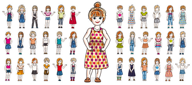 小女孩们快乐可爱的站在全身长度孤立的白色矢量插图大集，美丽的小女孩多样化的大集人物绘画。图片下载