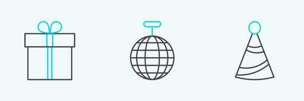 套装线派对帽子礼盒和迪斯科球图标图片下载