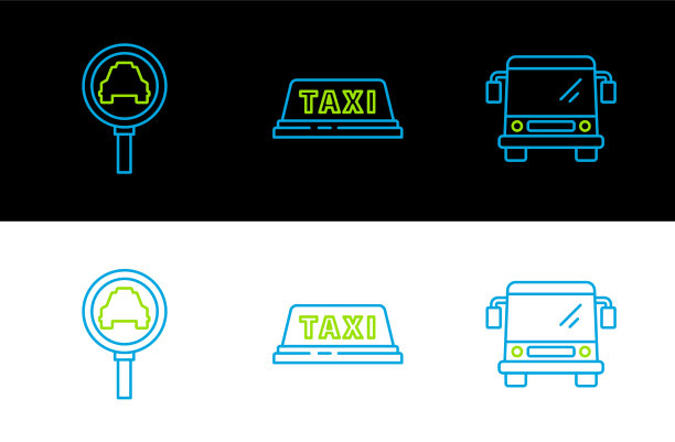 设专线公交车、放大镜和出租车等图片下载