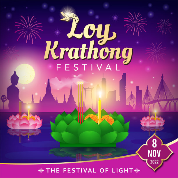 泰国泼水节，浮篮与曼谷城市的轮廓轮廓。图片下载