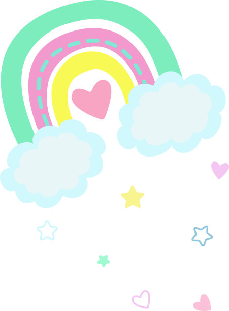 彩虹的矢量插图在明亮的颜色。霓虹颜色的条纹彩虹，有心形和星星。儿童插画，杂志，广告，标志，移动应用，广告。图片下载