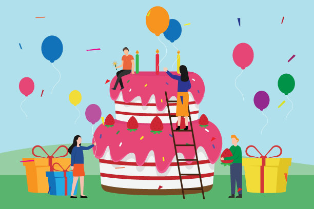 一群人用一个巨大的蛋糕矢量插图庆祝生日图片下载