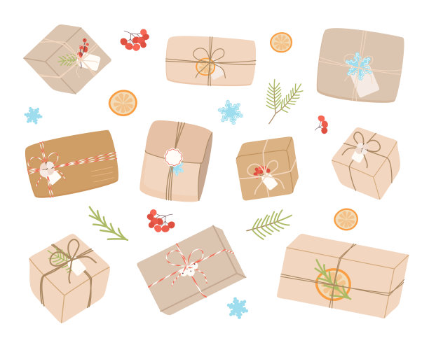 圣诞礼盒设置的浆果和杉树的树枝。图片下载