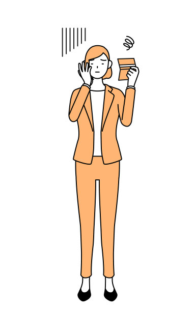 简单的线条插画，一个穿着西装的女商人看着他的银行存折，感到沮丧。图片下载