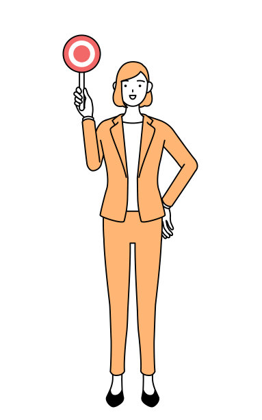 简单的线描插图，一个穿着西装的女商人拿着一根可伸缩的棍子，显示正确的答案。图片下载