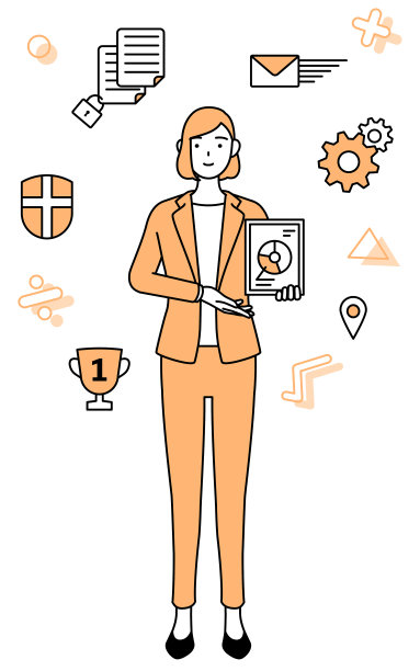 DXing的形象，简单的线条插画，一个穿着西装的女商人使用数字技术来改善他的业务图片下载