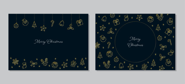 圣诞卡片模板集，设计框架，金色插图在海军背景图片下载