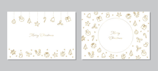 圣诞卡片模板集，设计框架，白色背景金色插图图片下载