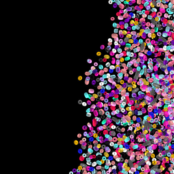 珠子孤立在黑色上。时尚配件。手工工艺。玻璃珠顶视图。亮片。堆的宝石。莱茵石。现实的例子。3 d渲染。的爱好。珠宝。图片下载