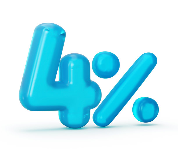 数字4%和4%的标志是由果冻制成的，隔离在白色背景上。三维演示图片下载