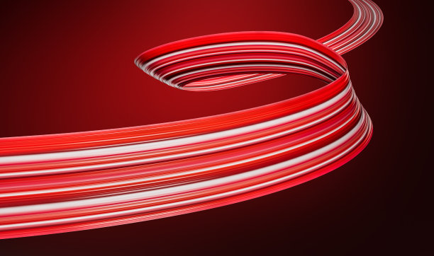 条纹，抽象效果，颜料飞溅，彩色卷曲，艺术螺旋。鲜艳的红色缎带上深黑的背景。三维演示图片下载