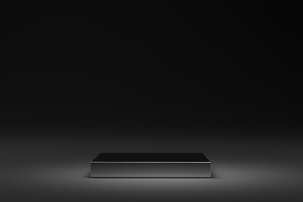 黑色讲台化妆品产品演示。黑色黑钢平台或底座，黑色背景，用于产品展示。展示或展示产品的空展台。三维渲染图片下载