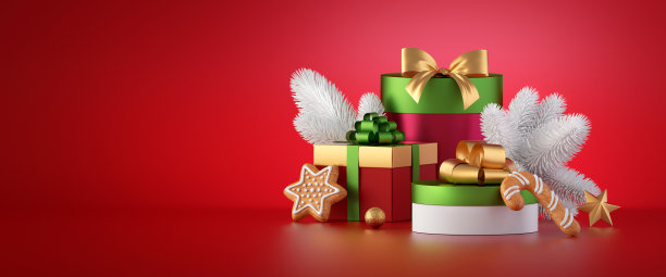 3d渲染，圣诞横幅，红色背景与包装的礼品盒和节日装饰品。寒假壁纸图片下载