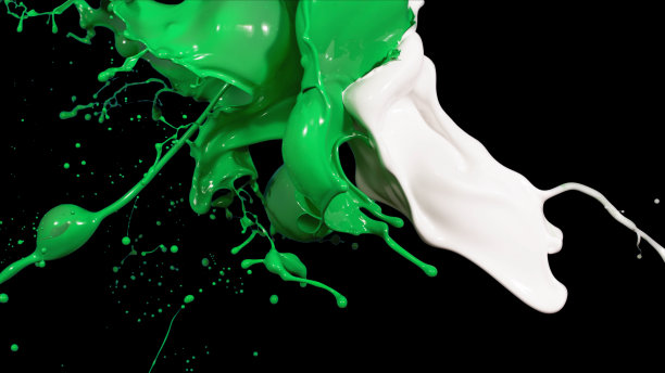 混合白色绿色液体飞溅，漩涡和波浪与分散的水滴图片下载