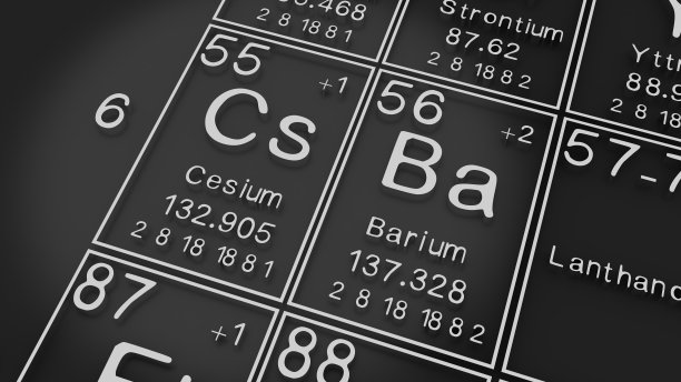 铯、钡在元素周期表上就黑黑的，化学元素的历史，代表着原子的编号和符号。, 3 d渲染图片下载
