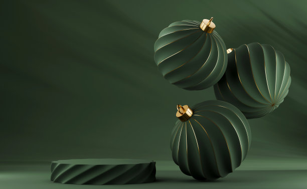 3D抽象圣诞黑色背景与绿色圣诞饰品素材图片